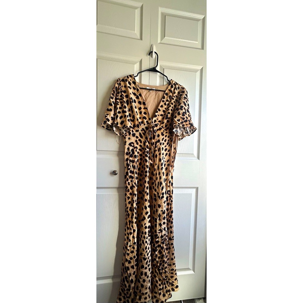 WAYF Beige/Black Leopard Animal Print V-Neck Flutter Sleeve Tie Maxi Dress M